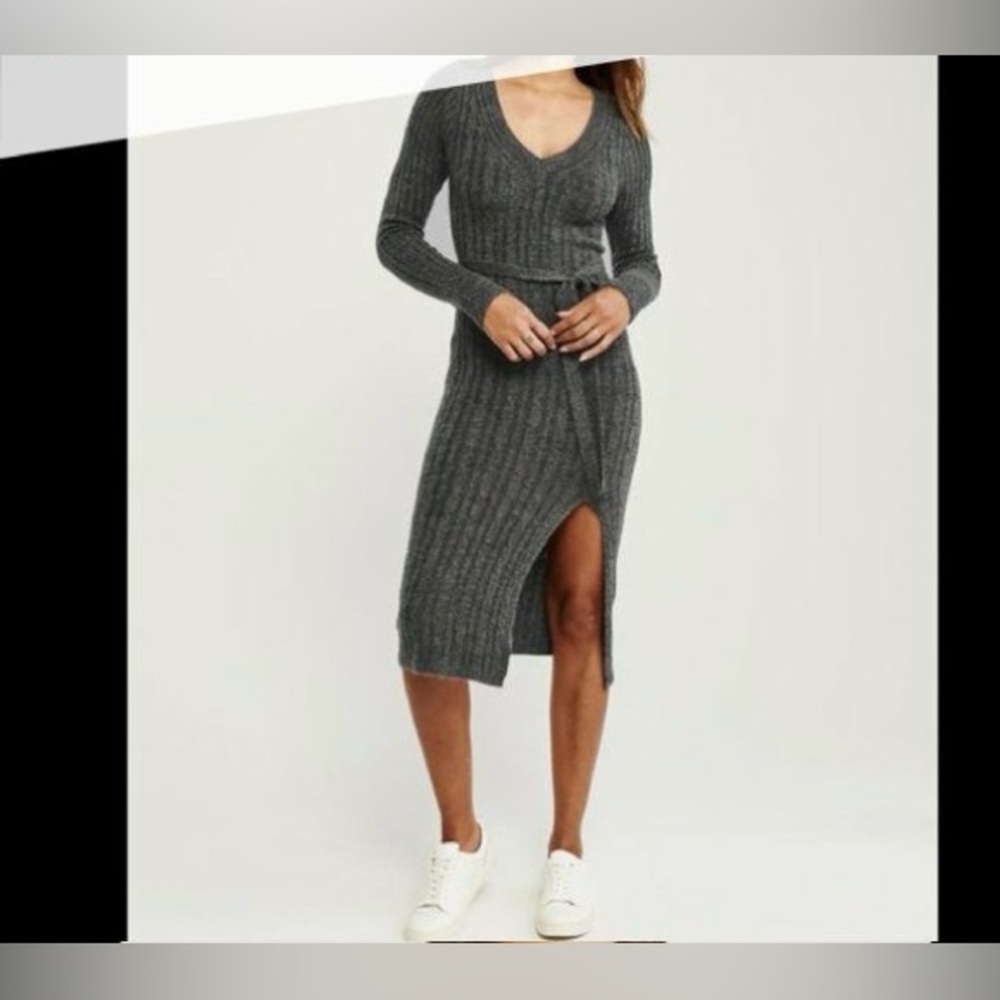 Abercrombie & Fitch Tie Waist Ribbed V Neck Grey Sweater Dress Size S Small